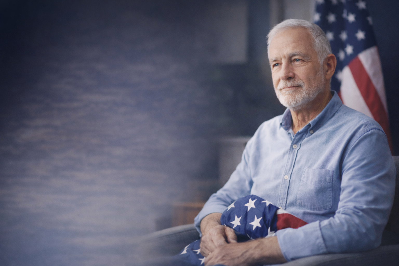 Veteran holding American flag